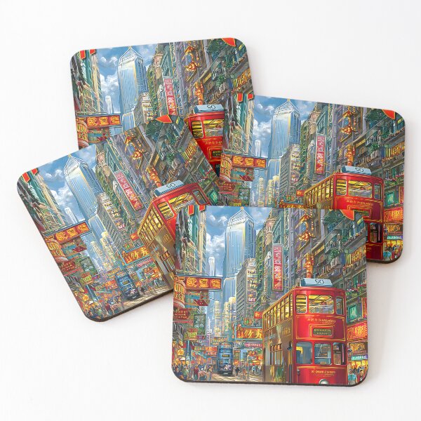 Item preview, Travel poster of Hong Kong Tram Scene in City Streets designed and sold by Artessie.