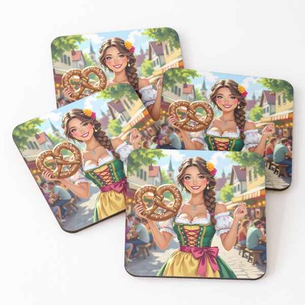 Item preview, Dirndl Girl with Pretzel on Festival Street – Bavarian Folk Illustration designed and sold by EmeraldeaArt.