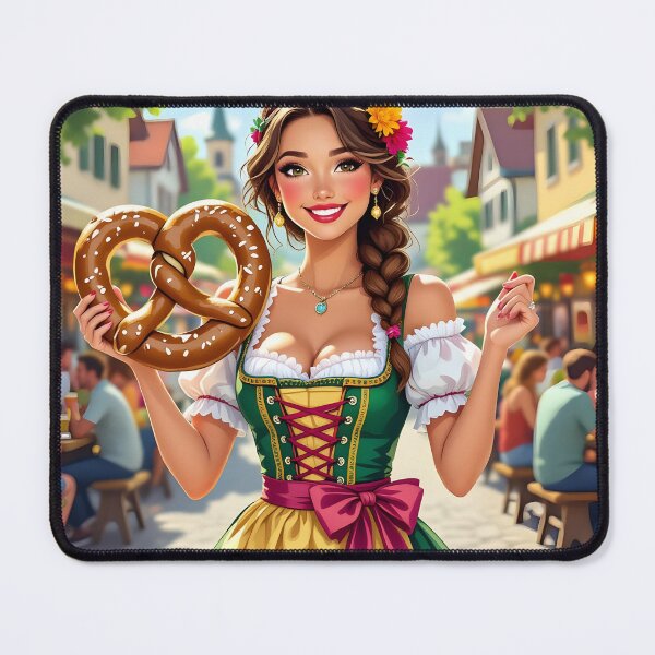Item preview, Dirndl Girl with Pretzel on Festival Street – Bavarian Folk Illustration designed and sold by EmeraldeaArt.