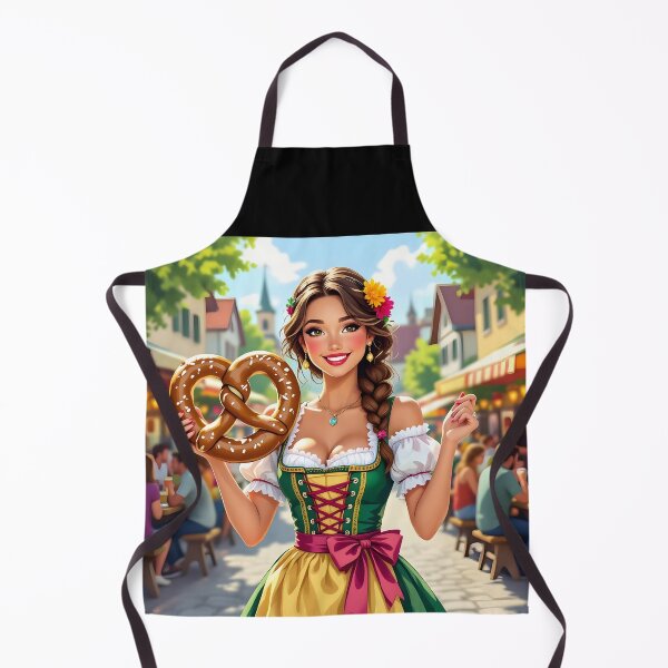 Item preview, Dirndl Girl with Pretzel on Festival Street – Bavarian Folk Illustration designed and sold by EmeraldeaArt.