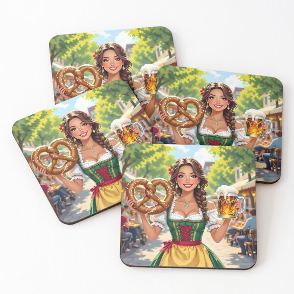 Item preview, Dirndl Girl with beer and pretzel– Bavarian Celebration Art designed and sold by EmeraldeaArt.
