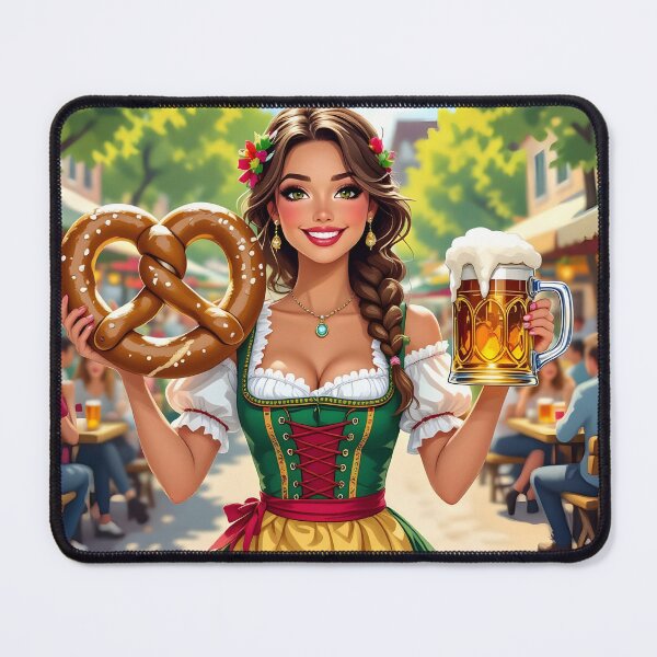 Item preview, Dirndl Girl with beer and pretzel– Bavarian Celebration Art designed and sold by EmeraldeaArt.