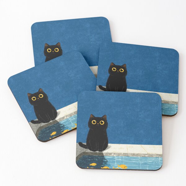 Item preview, Black cat sitting at Pool with Golden fishes designed and sold by Tenalxp.