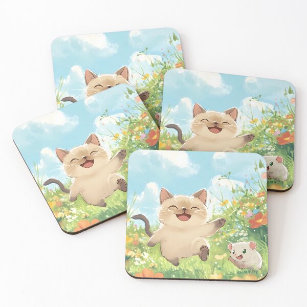 Item preview, Playful Siamese Cat and Hamster Running in Flower Field – Joyful Animal Illustration designed and sold by LOVE ART DESIGNS .