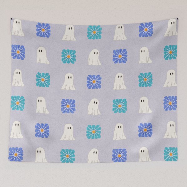 Item preview, White Ghosts and Cool Tone Wavy Retro Florals Grid Pattern designed and sold by GenAumonier.