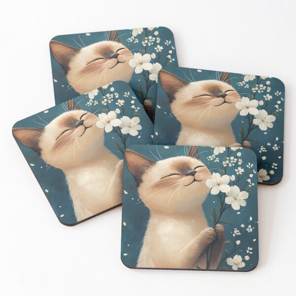 Item preview, Siamese Cat with White Sakura – Colored Pencil Style on Deep Blue Background designed and sold by LOVE ART DESIGNS .