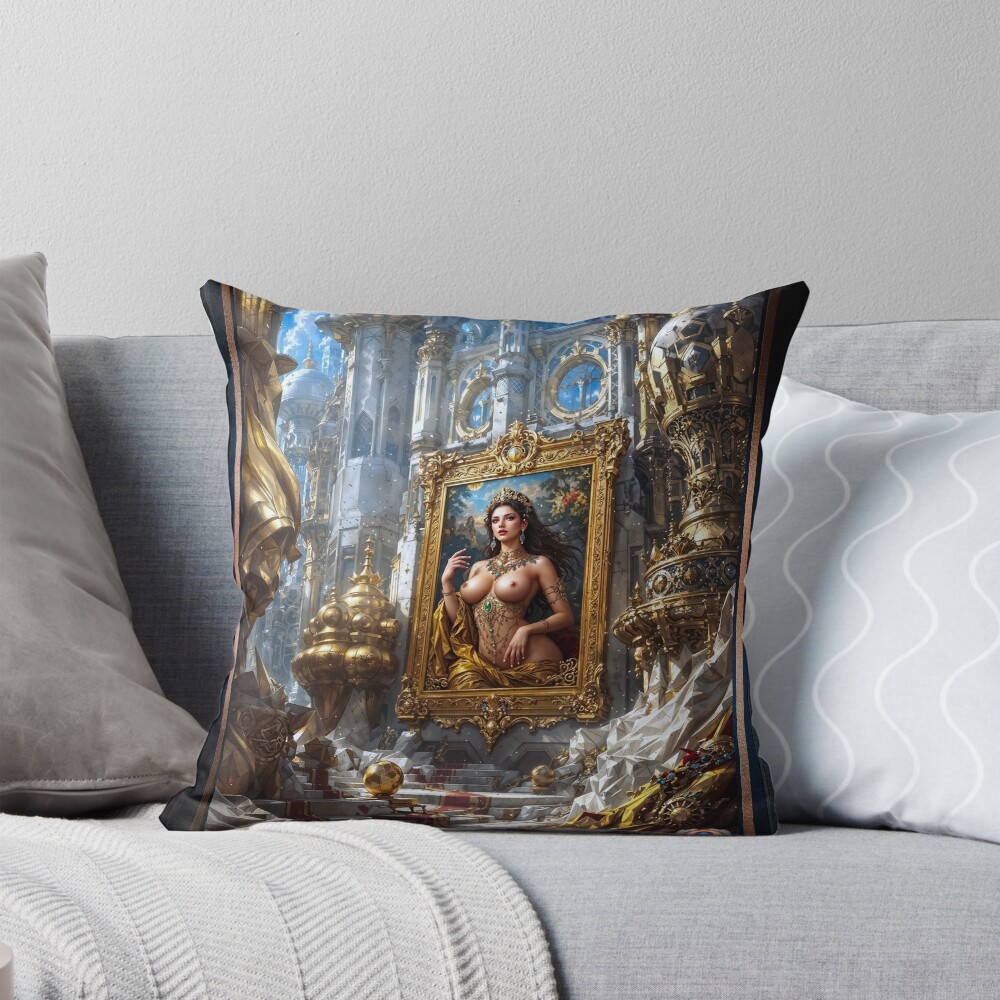 The Golden Portrait Of Kalia Falan Amidst The Treasures Of Delious Alluring AI Concept Art by Xzendor7 Decorative Art Print Throw Pillow