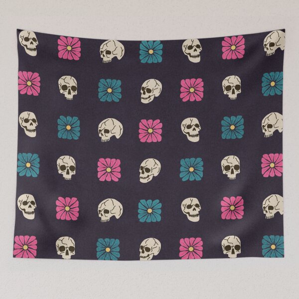 Item preview, Skull Bones and Cool Tone Wavy Retro Florals Grid Pattern designed and sold by GenAumonier.