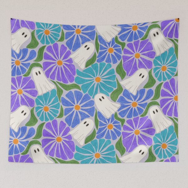 Item preview, Retro Halloween Ghosts and Cool Tone Wavy Colorful Florals Pattern designed and sold by GenAumonier.