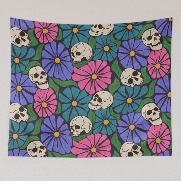 Item preview, Retro Halloween Skulls and Cool Tone Wavy Colorful Florals Pattern designed and sold by GenAumonier.
