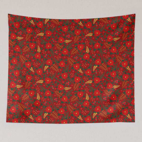 Item preview, Christmas colorful pattern with red poinsettia, berries, leaves, red background. Seamless floral pattern-157. designed and sold by Natalya Alexandrou.