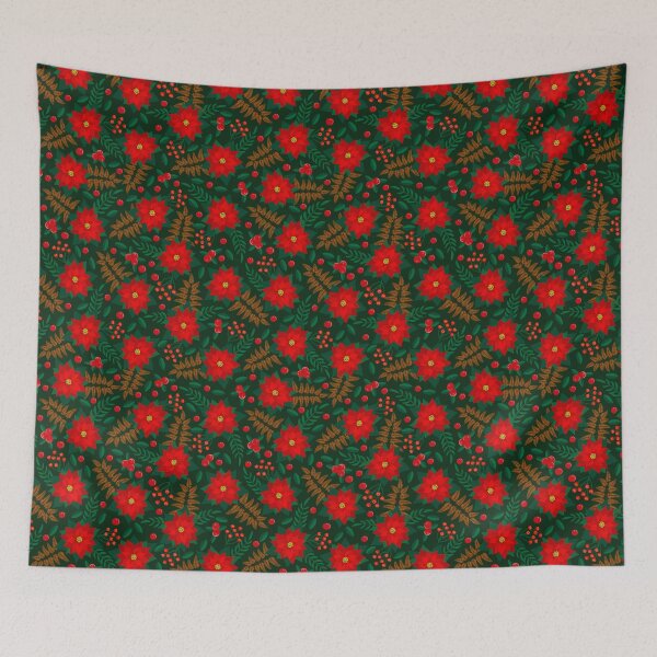 Item preview, Christmas colorful pattern with red poinsettia, berries, leaves, green background. Seamless floral pattern-158. designed and sold by Natalya Alexandrou.