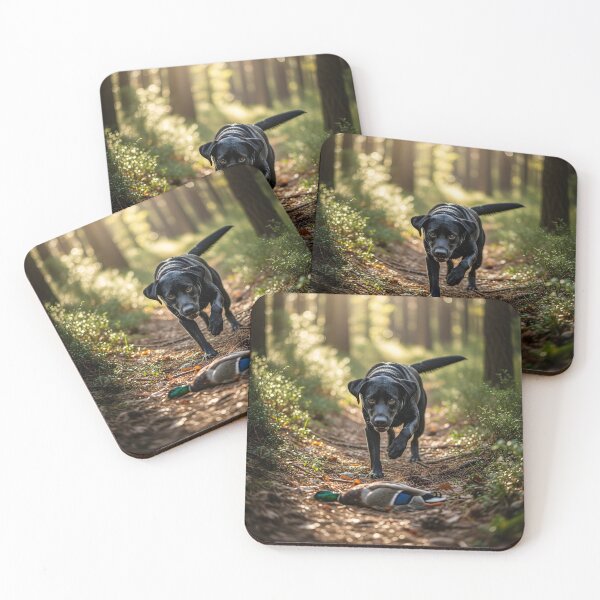 Item preview, Black hunting dog with duck in sunny forest designed and sold by rafalZielinski.