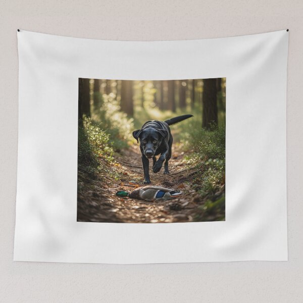 Item preview, Black hunting dog with duck in sunny forest designed and sold by rafalZielinski.