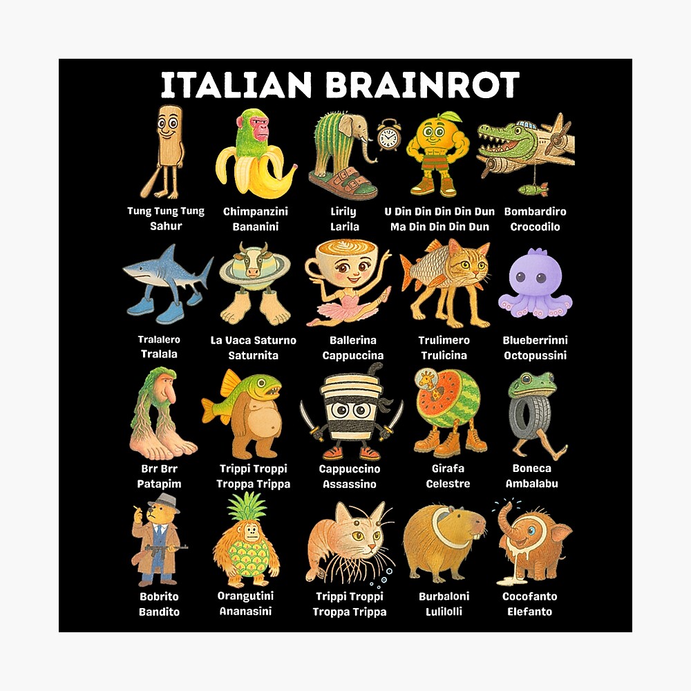 Italian Brainrot Characters, Pastel Meme Cartoon Tee Poster