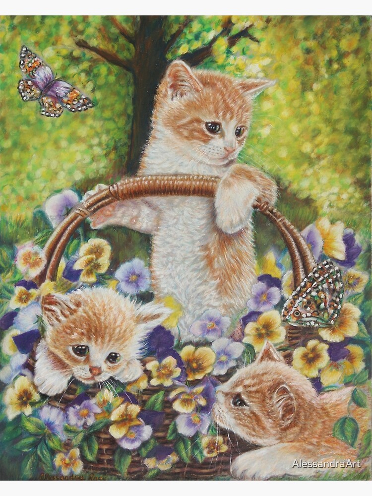 Cat Art Cute Kittens in a Flowers Basket at Spring Time Greeting Card