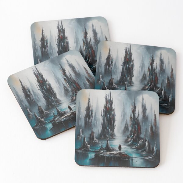 Item preview, Solitary Figure in a Surreal Abstract Landscape with Towering Structures designed and sold by Rue Market.