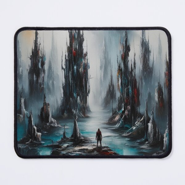 Item preview, Solitary Figure in a Surreal Abstract Landscape with Towering Structures designed and sold by Rue Market.