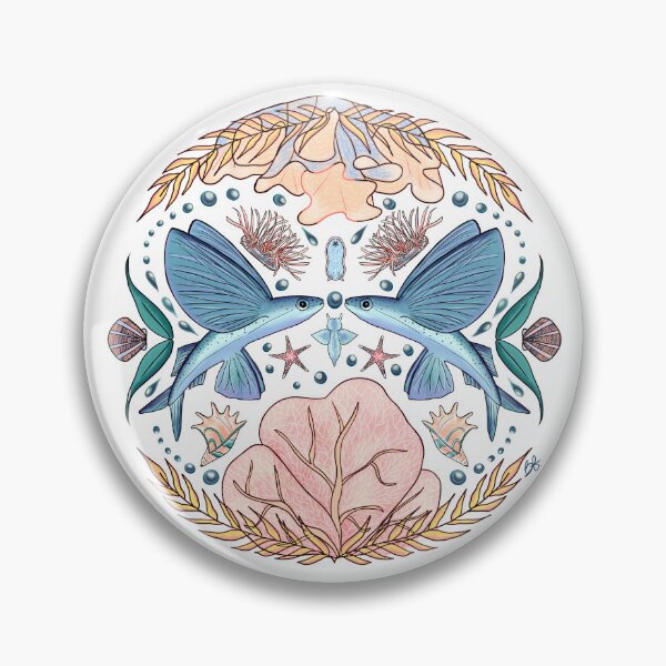 Item preview, Symmetry Art flying fish art folk art inspired with anemone coral, angel fish, nudibranch, conch shell, fan coral, and chalice coral designed and sold by bercrafting.