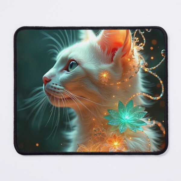 Item preview, Blue-Eyed White Cat Surrounded by Glowing Flowers designed and sold by Keirnyx.