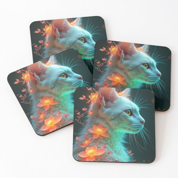 Item preview, White Cat with Glowing Orange Flowers Fantasy Art designed and sold by Keirnyx.