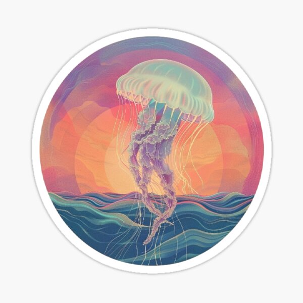 Sea Creature Collection – Retro Pastel Ocean Animals in Abstract Circular Design (Whale, Dolphin, Turtle, Jellyfish, Seahorse) Sticker