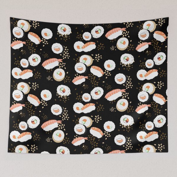 Item preview, Playful sushi pattern in many variations with sesame, salmon and cucumber designed and sold by katecheerycake.