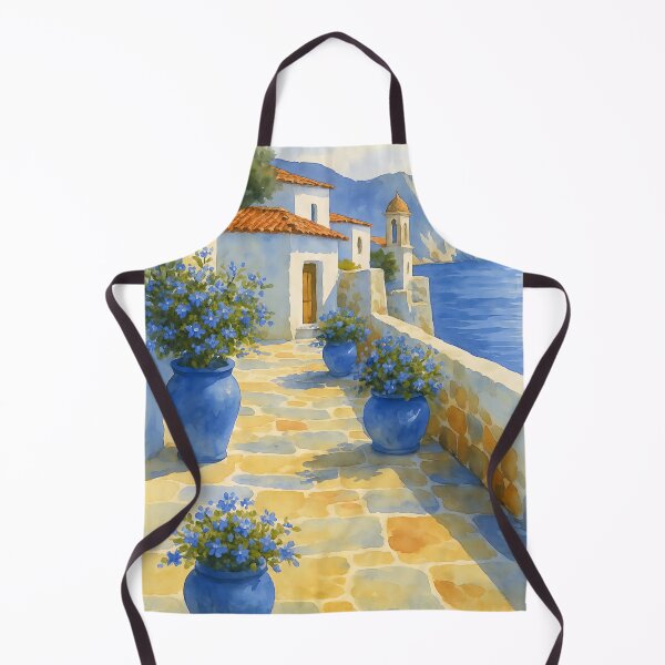 Item preview, Greek Island – Mediterranean Village with Blue Vases designed and sold by spade22-com.