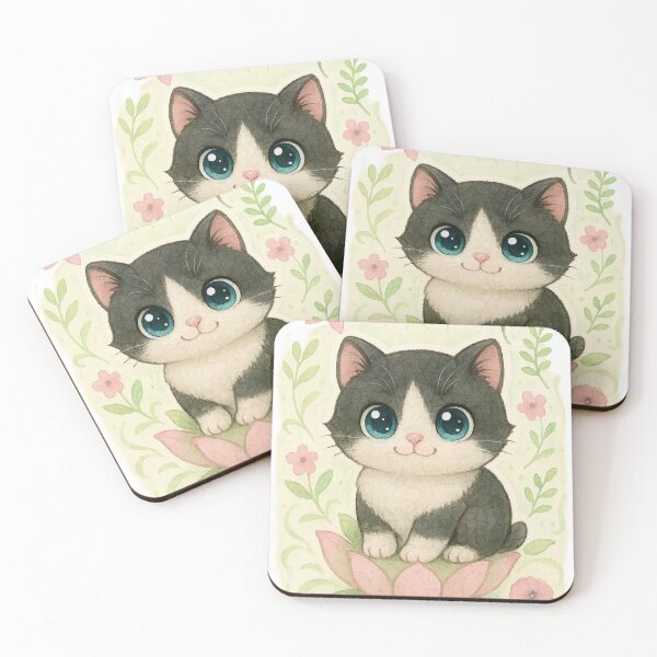 Item preview, Kawaii Spring Cat – Blue-Eyed Kitten in Watercolor Flower Garden designed and sold by Pacika.
