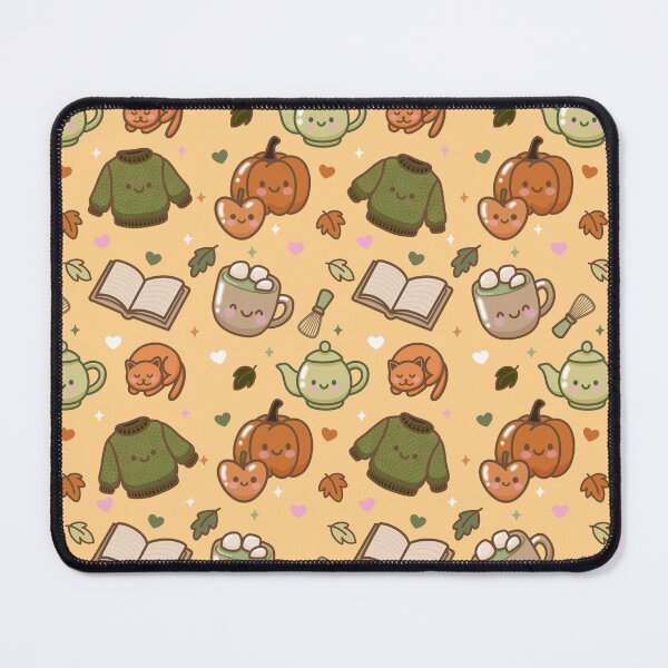 Item preview, Kawaii Autumn Pattern – Cute Fall Seamless Design with Pumpkin, Sweater, Cat & Mug designed and sold by Lone Jensen.