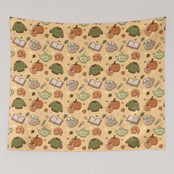 Item preview, Kawaii Autumn Pattern – Cute Fall Seamless Design with Pumpkin, Sweater, Cat & Mug designed and sold by Lone Jensen.