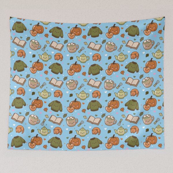 Item preview, Kawaii Autumn Pattern – Cute Fall Seamless Design with Pumpkin, Sweater, Cat & Mug designed and sold by Lone Jensen.