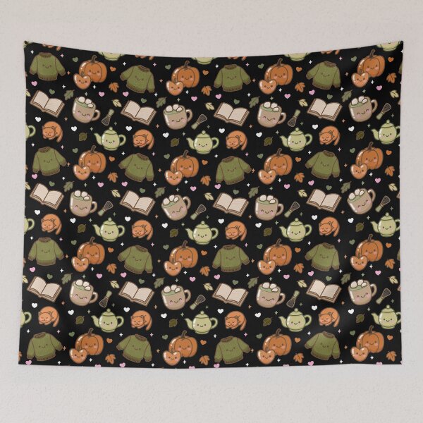 Item preview, Kawaii Autumn Pattern – Cute Fall Seamless Design with Pumpkin, Sweater, Cat & Mug designed and sold by Lone Jensen.