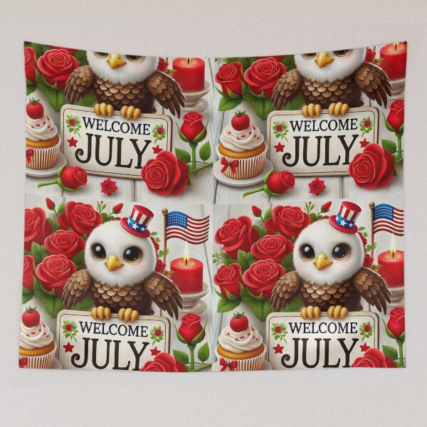 Item preview, Welcome July – Patriotic Eagle with Roses and American Flag designed and sold by EmeraldeaArt.