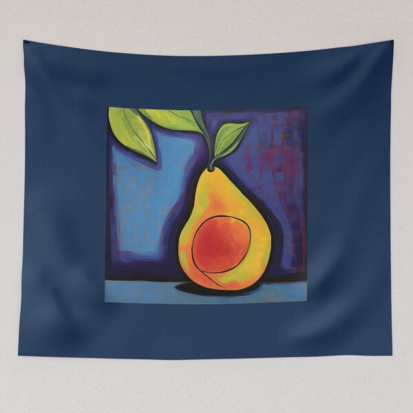 Item preview, Vibrant Pear in Bold Warm Yellows Oranges and Greens Against a Rich Blue Background Abstract Digital AI Art designed and sold by OlfactoART Studio.