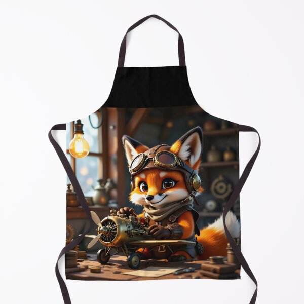 Item preview, Steampunk Fox Aviator – Adorable Inventor Tinkering with Engine in Mini Flight Gear designed and sold by EmeraldeaArt.