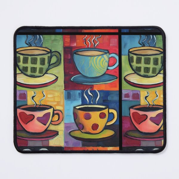 Item preview, Colorful Coffee Cups Grid Featuring Unique Patterns and Rising Steam Against a Vibrant Background designed and sold by OlfactoART Studio.