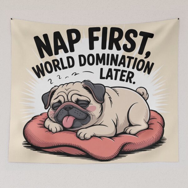 Item preview,  Nap First, World Domination Later - Funny Lazy Pug Sticker designed and sold by Arthoughts.