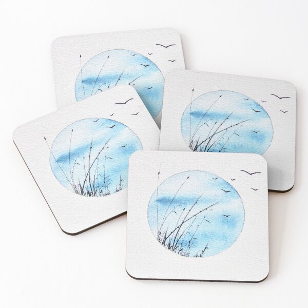 Item preview, Blue Sky with Cattails and Birds | Nature Watercolor Art designed and sold by AngelaMarieArt.