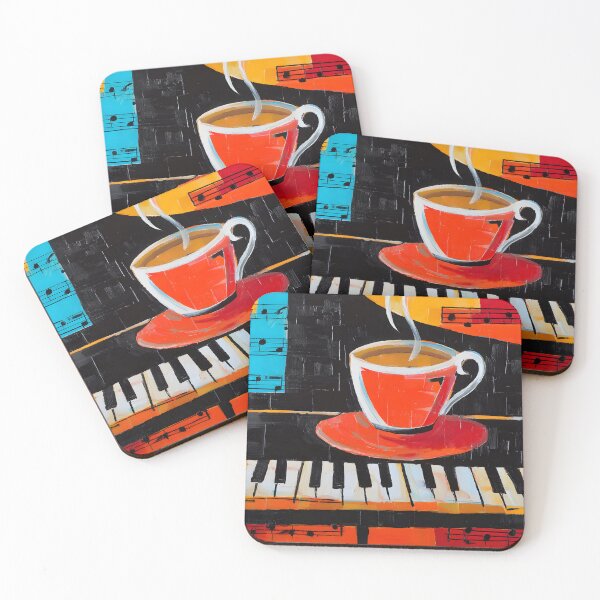Item preview, Coffee and Piano Harmony - Vibrant Red Cup with Musical Notes and Bold Geometric Art designed and sold by OlfactoART Studio.