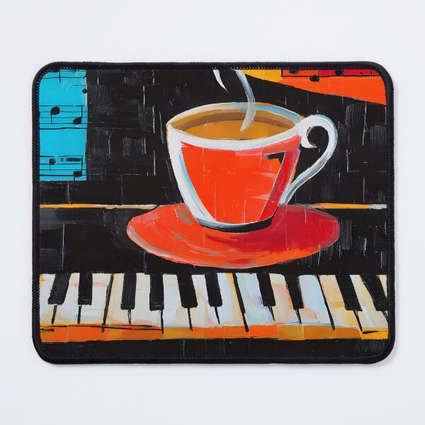 Item preview, Coffee and Piano Harmony - Vibrant Red Cup with Musical Notes and Bold Geometric Art designed and sold by OlfactoART Studio.