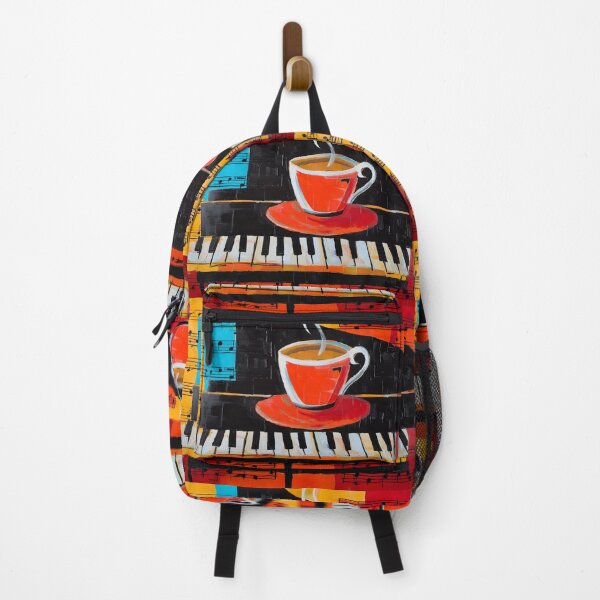 Item preview, Coffee and Piano Harmony - Vibrant Red Cup with Musical Notes and Bold Geometric Art designed and sold by OlfactoART Studio.