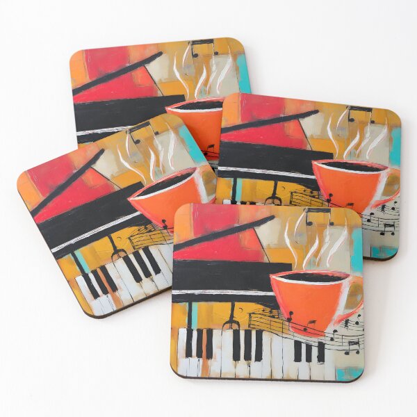 Item preview, Grand Piano Coffee Break - Vibrant Red Cup with Floating Musical Notes and Bold Orange Blue Backdrop designed and sold by OlfactoART Studio.