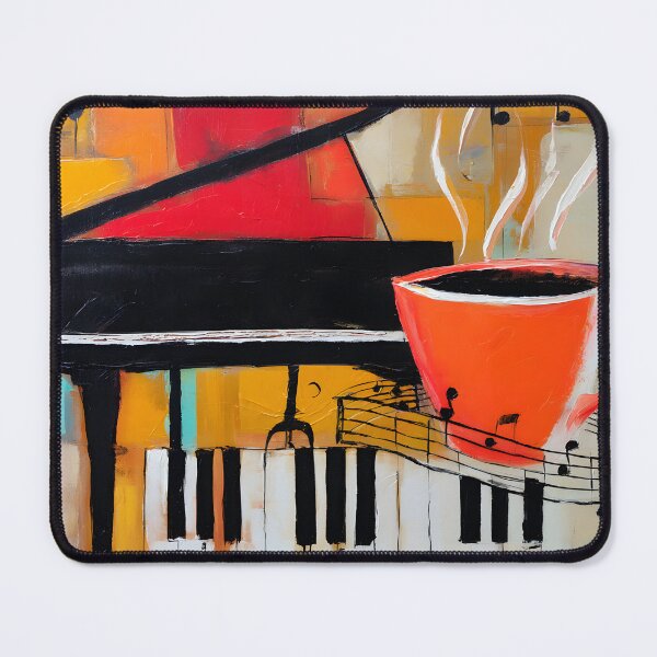 Item preview, Grand Piano Coffee Break - Vibrant Red Cup with Floating Musical Notes and Bold Orange Blue Backdrop designed and sold by OlfactoART Studio.