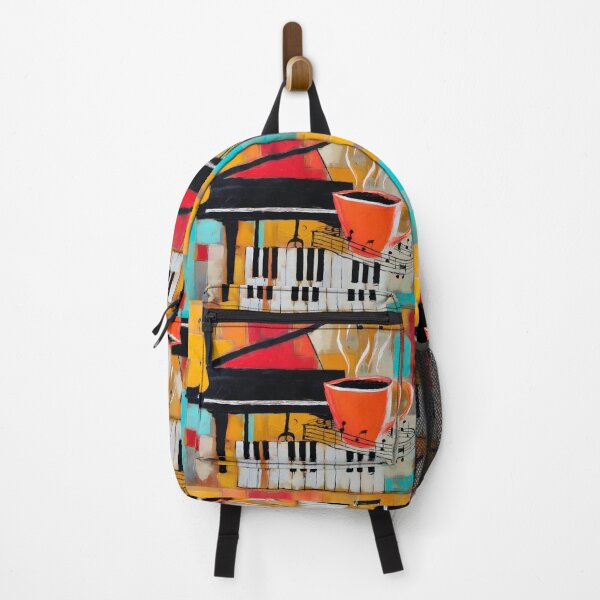 Item preview, Grand Piano Coffee Break - Vibrant Red Cup with Floating Musical Notes and Bold Orange Blue Backdrop designed and sold by OlfactoART Studio.
