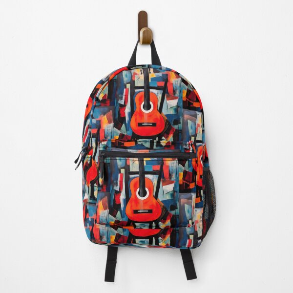 Item preview, Vibrant Red Guitar with Bold Fragmented Geometric Shapes in Blue Yellow and Red in Abstract Art designed and sold by OlfactoART Studio.