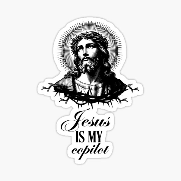 Aperçu de l'œuvre Autocollant « Jésus est mon copilote » – Design inspiré de GitHub Copilot, IA, Microsoft, OpenAI, ChatGPT créée et vendue par PopGlue.