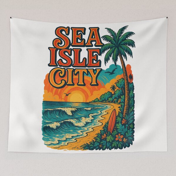 Item preview, Sea Isle City Beach Sunset with Palm and Surfboard designed and sold by Places On Earth.