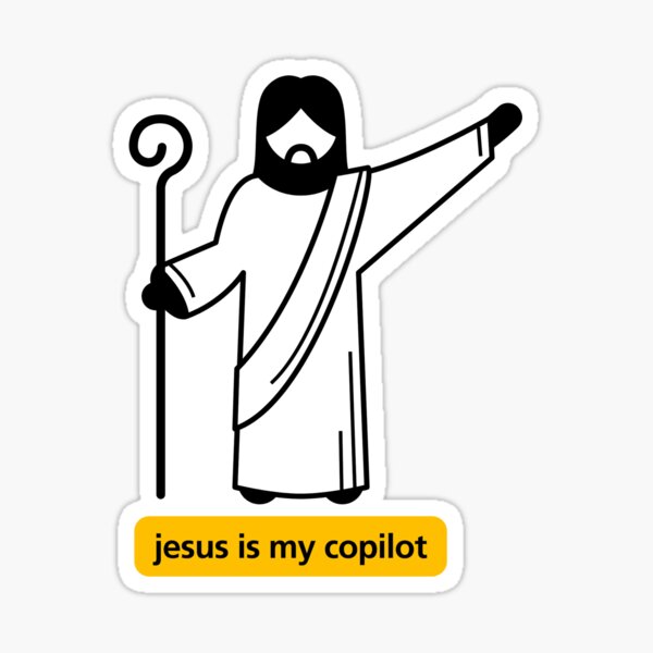 Aperçu de l'œuvre Autocollant « Jésus est mon copilote » – Design inspiré de GitHub Copilot, IA, Microsoft, OpenAI, ChatGPT créée et vendue par PopGlue.
