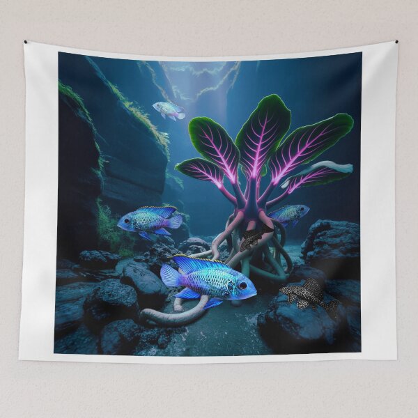 Item preview, Electric Blue Acara Cichlids Pleco Underwater Scape Fantasy Surreal Aquarium Art designed and sold by Aquarium Eclipse.